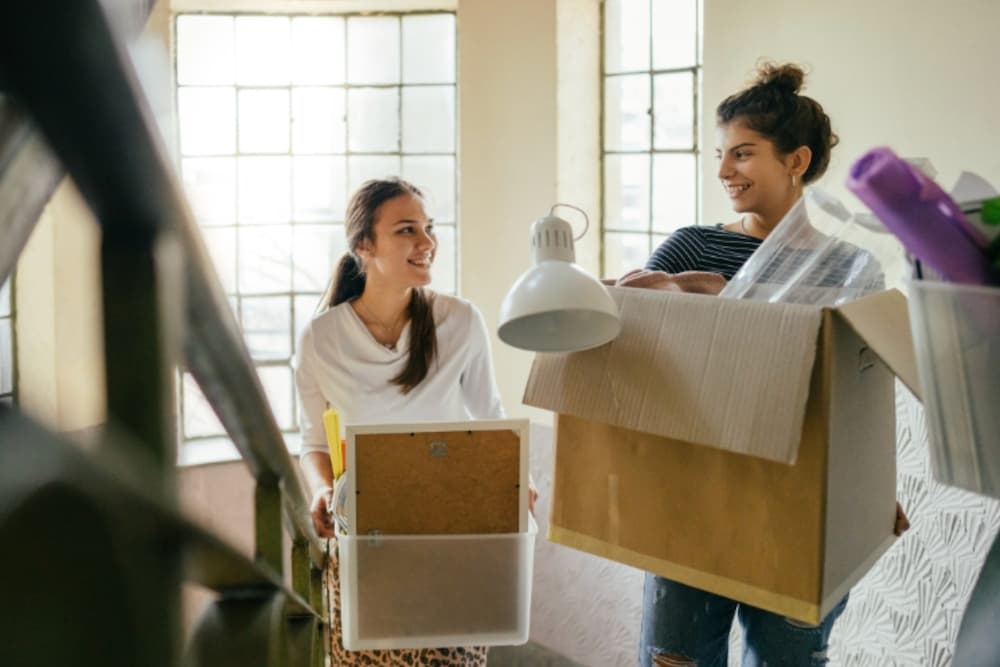 Two roommates moving boxes