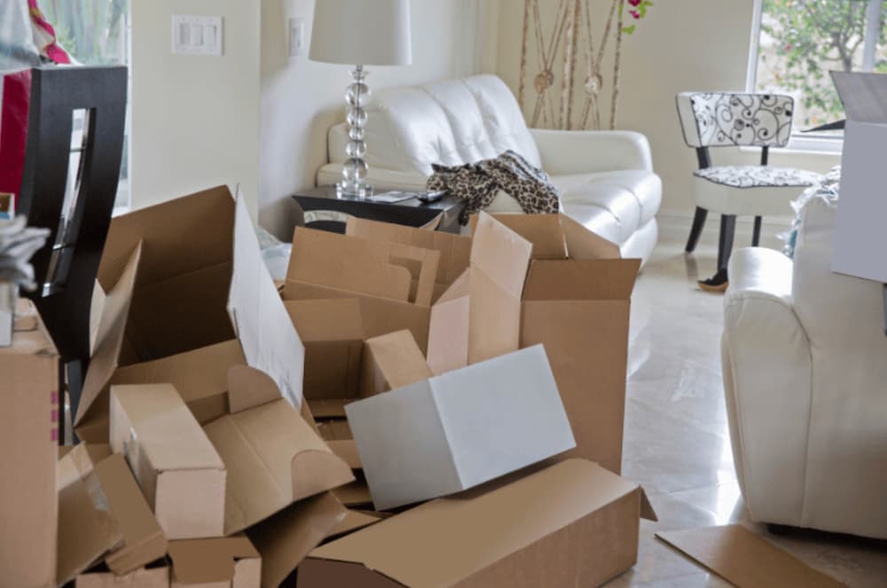 A living room filled with messy opened moving boxes