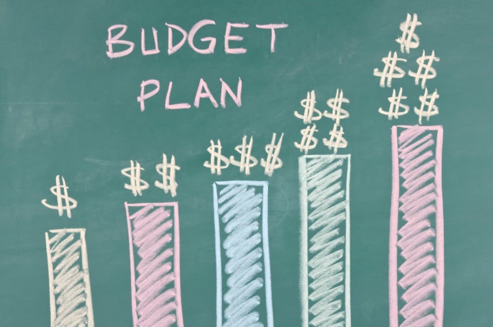 An image of a bar chart titles budget plan drawn on a chalk board