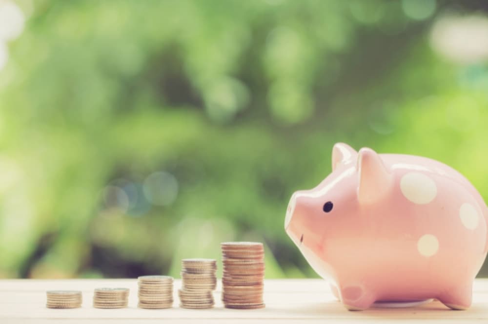 A piggy bang with coins stacked next to it