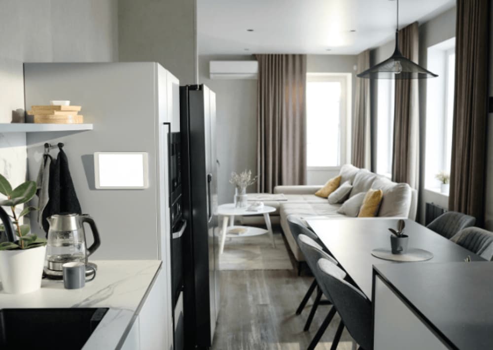 An image of a small kitchen and living room