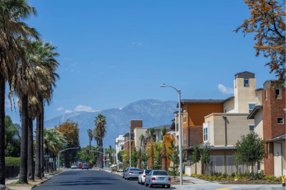 A street view with palm trees and blue skys
