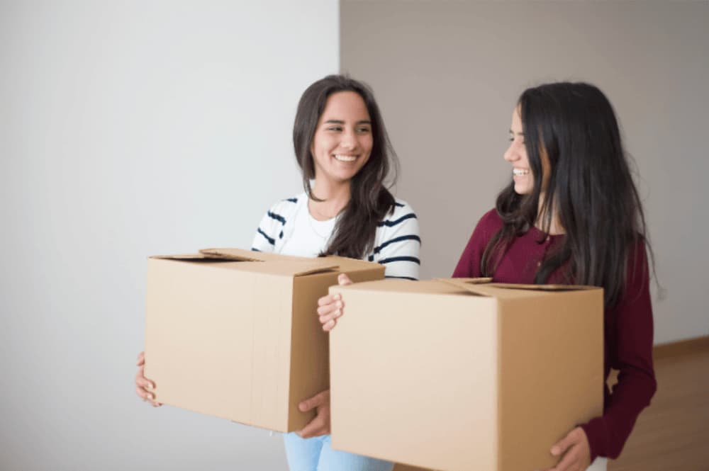 An image of two people carrying moving boxes