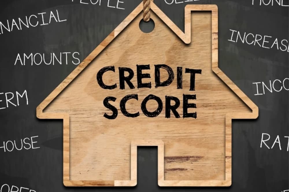 An image of a small model wooden house with credit score written over it