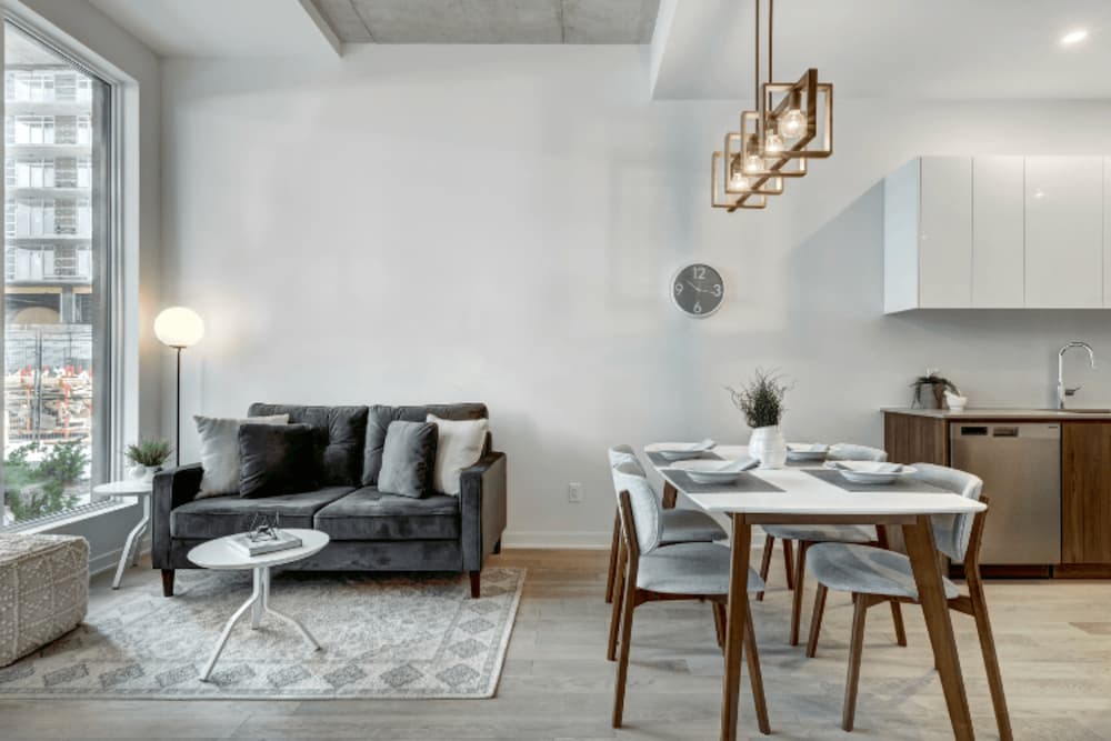 A view of an open plan tidy modern living room